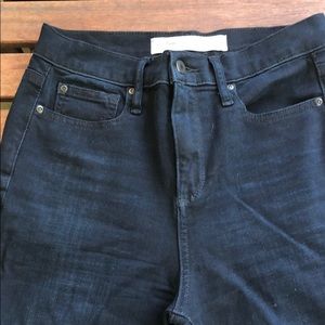 Dark wash super high rise skinny jeans